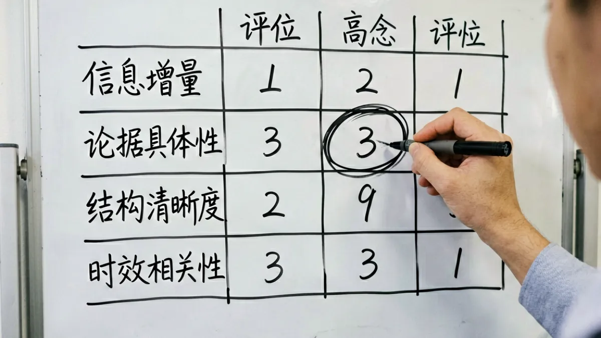 5252se 内容质量评分体系示意图，四个维度评分表格在白板上的可视化呈现，编辑人员正在标注各项得分