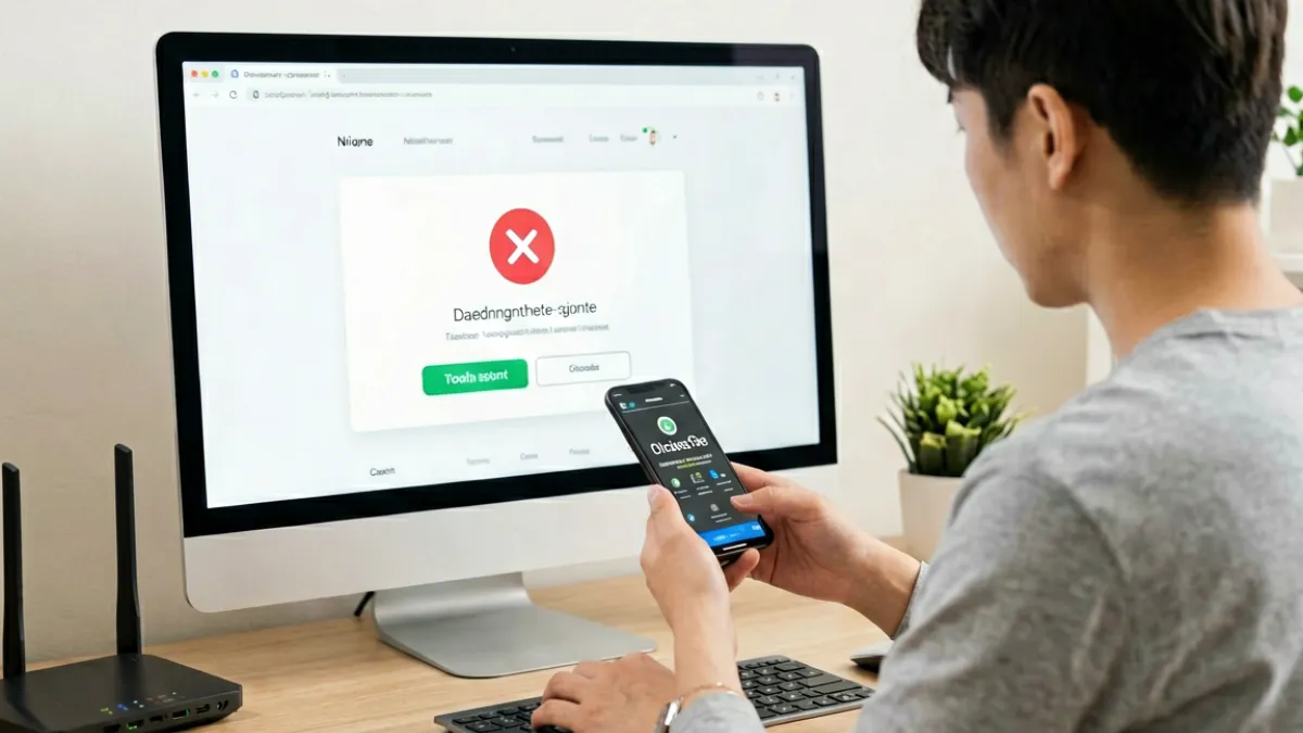 5252se网站访问异常时用户在电脑前查看报错页面并尝试切换网络的场景
